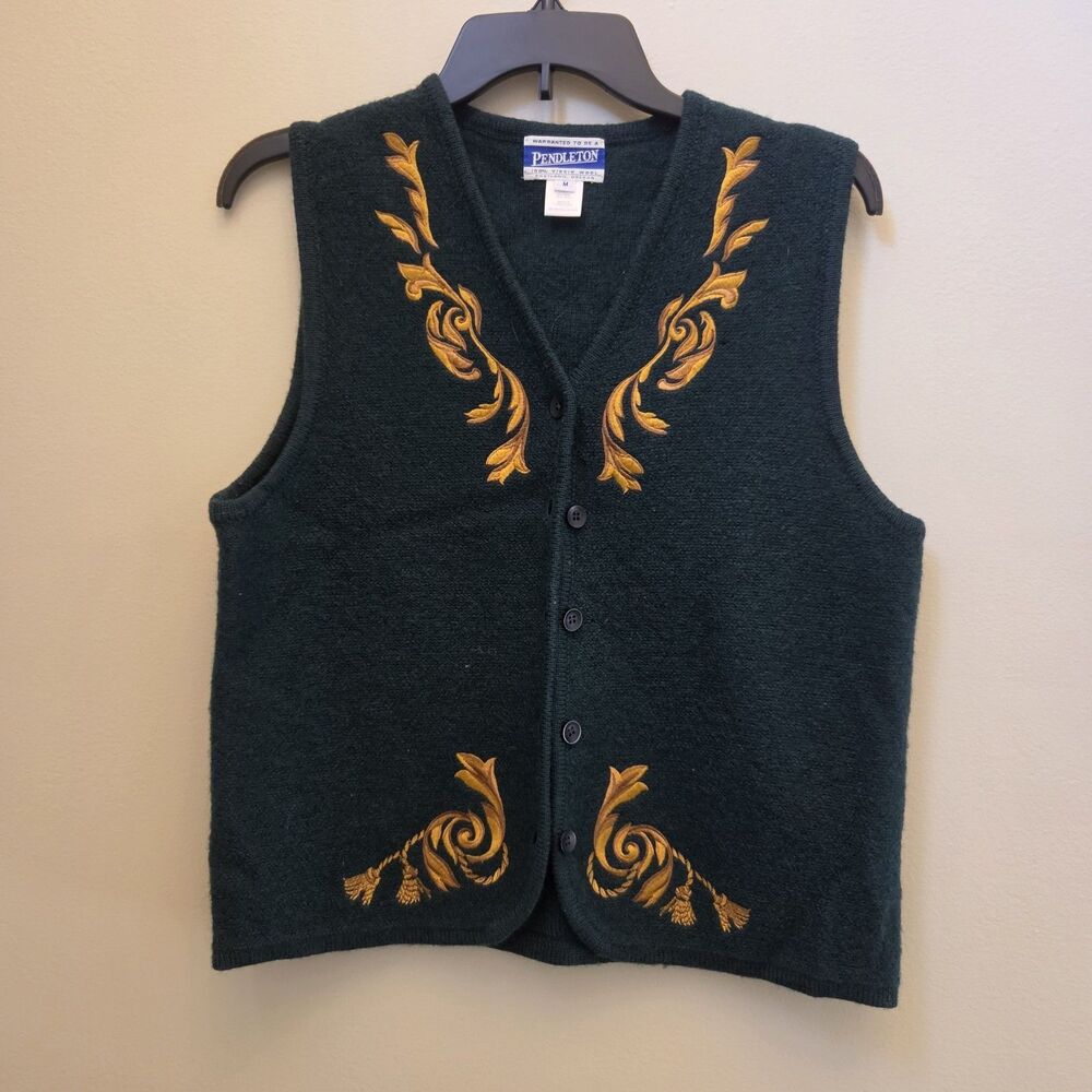 Vtg Pendleton Green & Gold 100% Pure Wool Vest Hobbit Renfaire Costume Cottage M